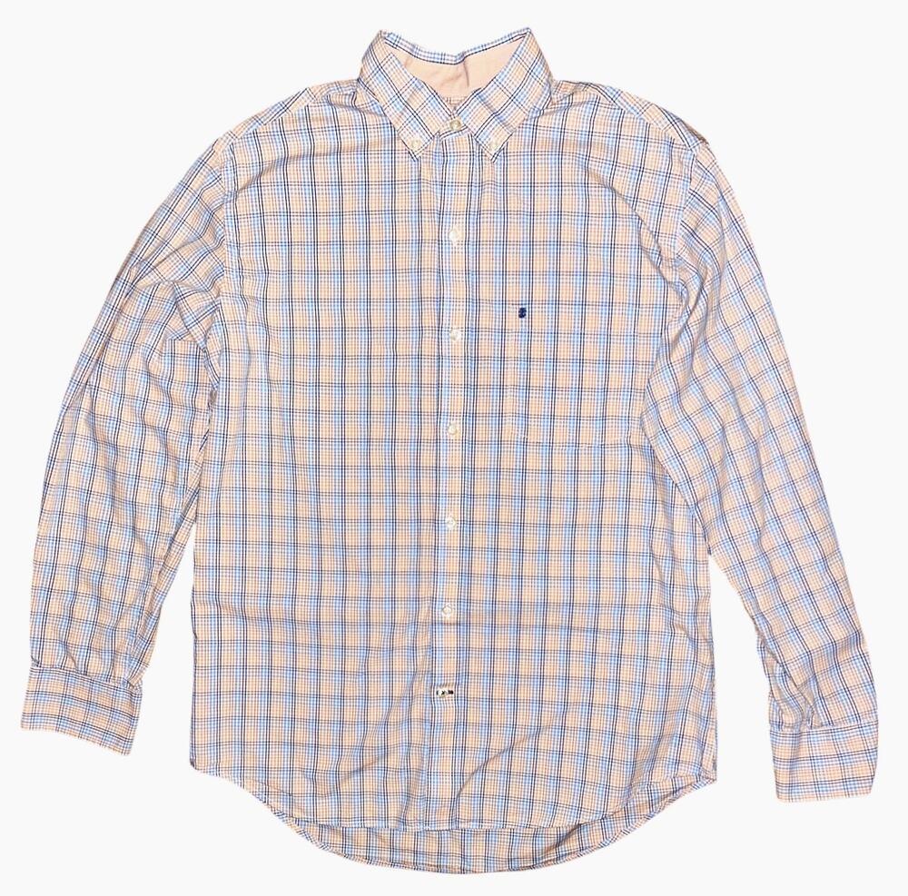 IZOD Premium Essentials Long Sleeve Button Down Orange & Blue Plaid Shirt M